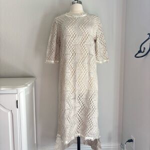 La Vaca Loca Greece Wool Blend Textured Open Knit Elbow Sleeve Midi Dress, NWT